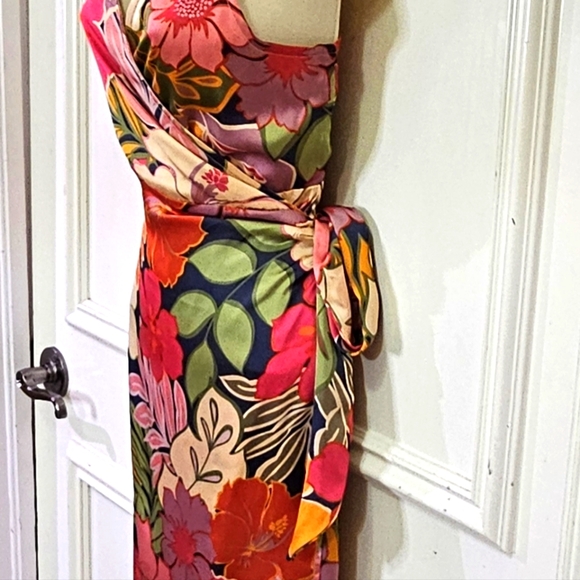 NATIVE CHIC Hot Pink/Green Multi-Color Tropical Satin Wrap Midi Dress, Large - Picture 12 of 16
